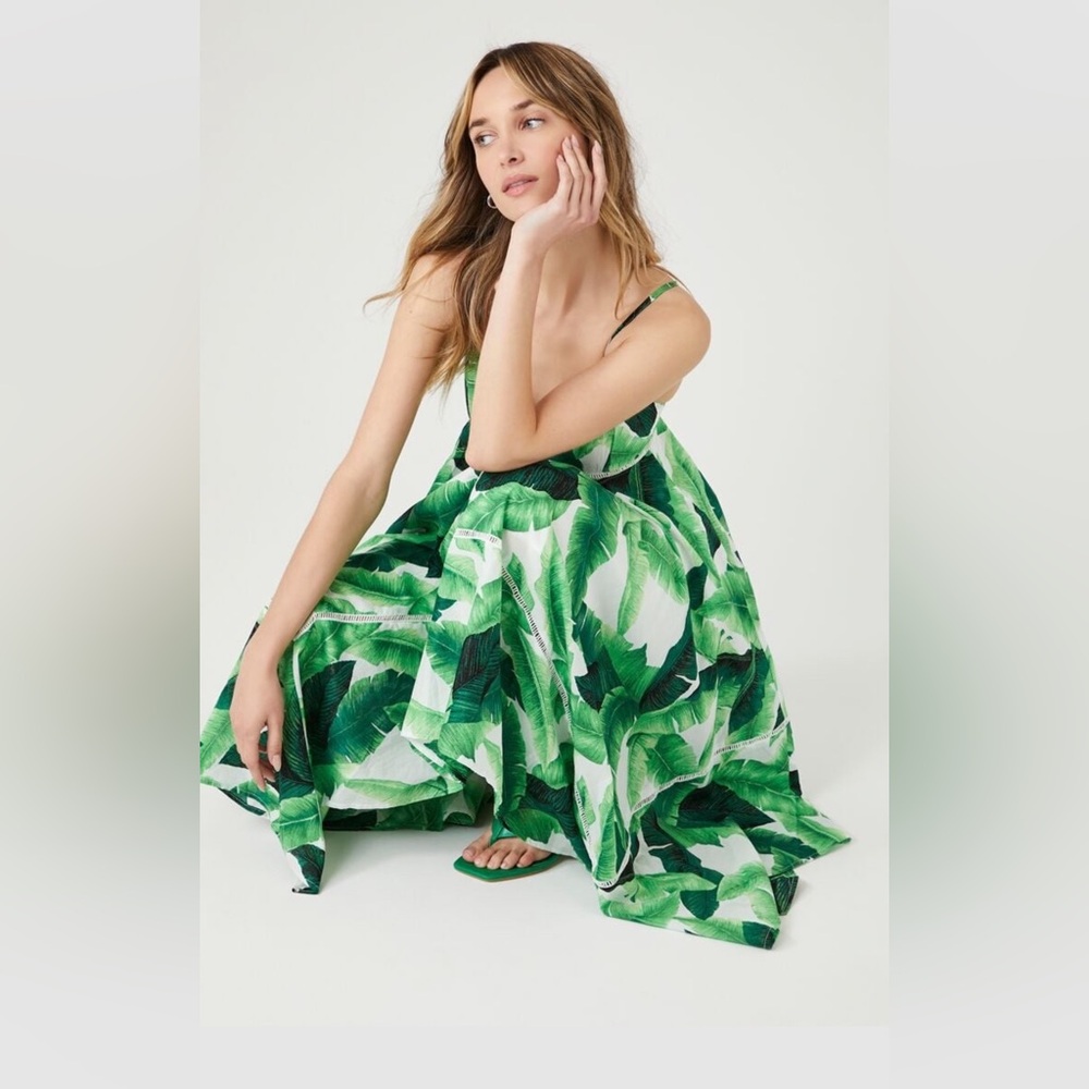 Forever 21 Green Leaf Print Midi Dress